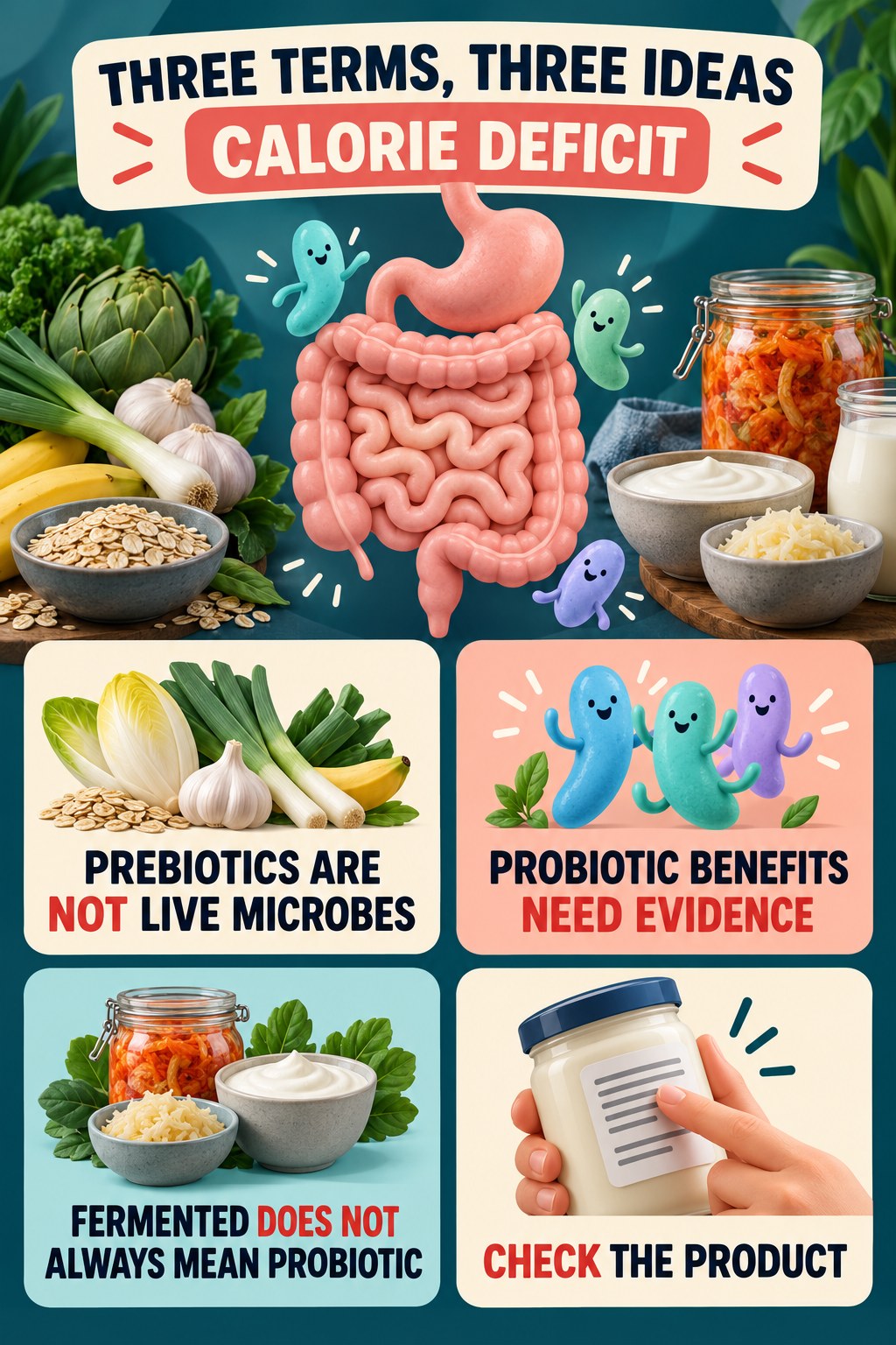 Prebiotics, Probiotics, and Fermented Foods educational infographic for Calorie Deficit with four evidence-aware points.