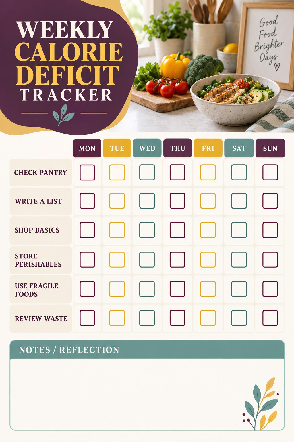 Weekly Calorie Deficit printable-style tracker graphic with six labeled rows, empty checkboxes, and a reflection area.