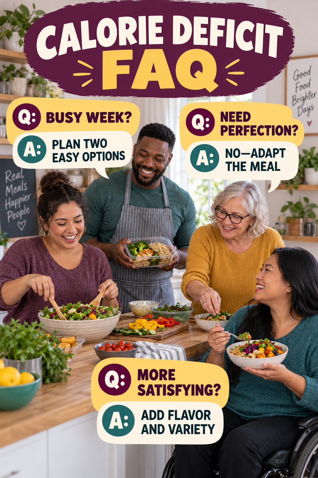 Calorie Deficit FAQ graphic with three concise questions and practical answers for beginners.