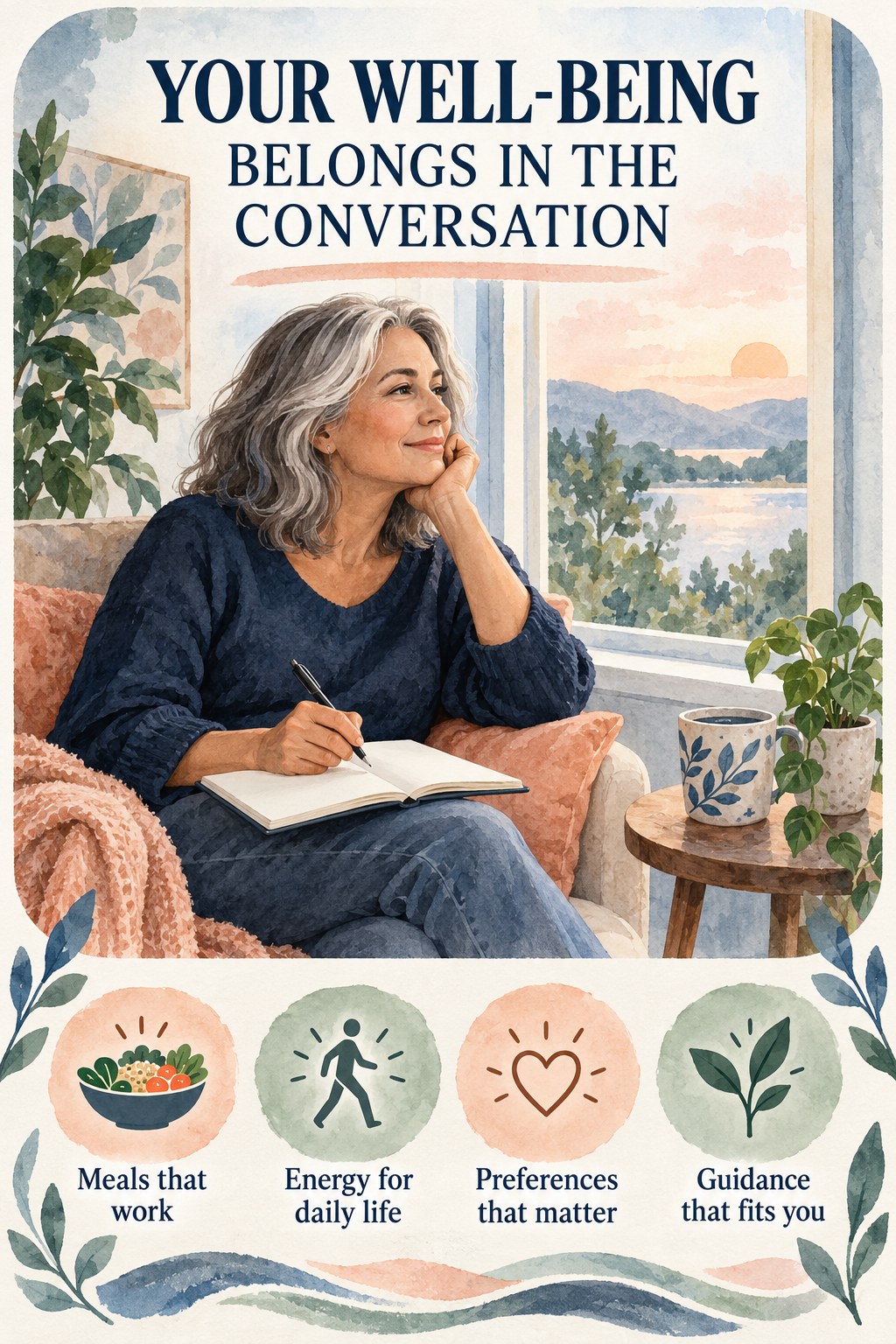 Watercolor illustration of an adult with a notebook by a window beside reminders about meals, daily energy, preferences, and suitable guidance.