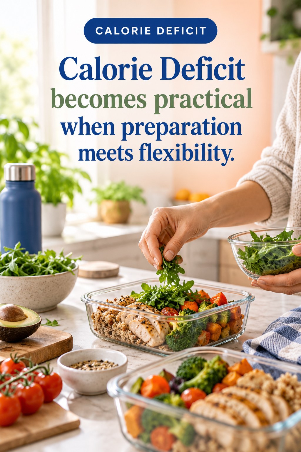 Original Calorie Deficit quote graphic reading “Calorie Deficit becomes practical when preparation meets flexibility.” in a board-relevant editorial design.