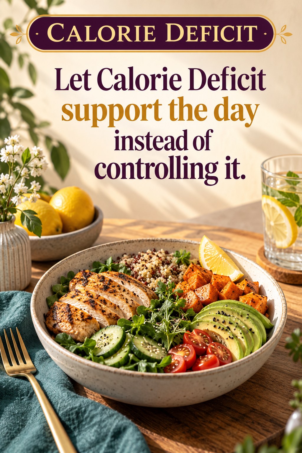 Original Calorie Deficit quote graphic reading “Let Calorie Deficit support the day instead of controlling it.” in a board-relevant editorial design.
