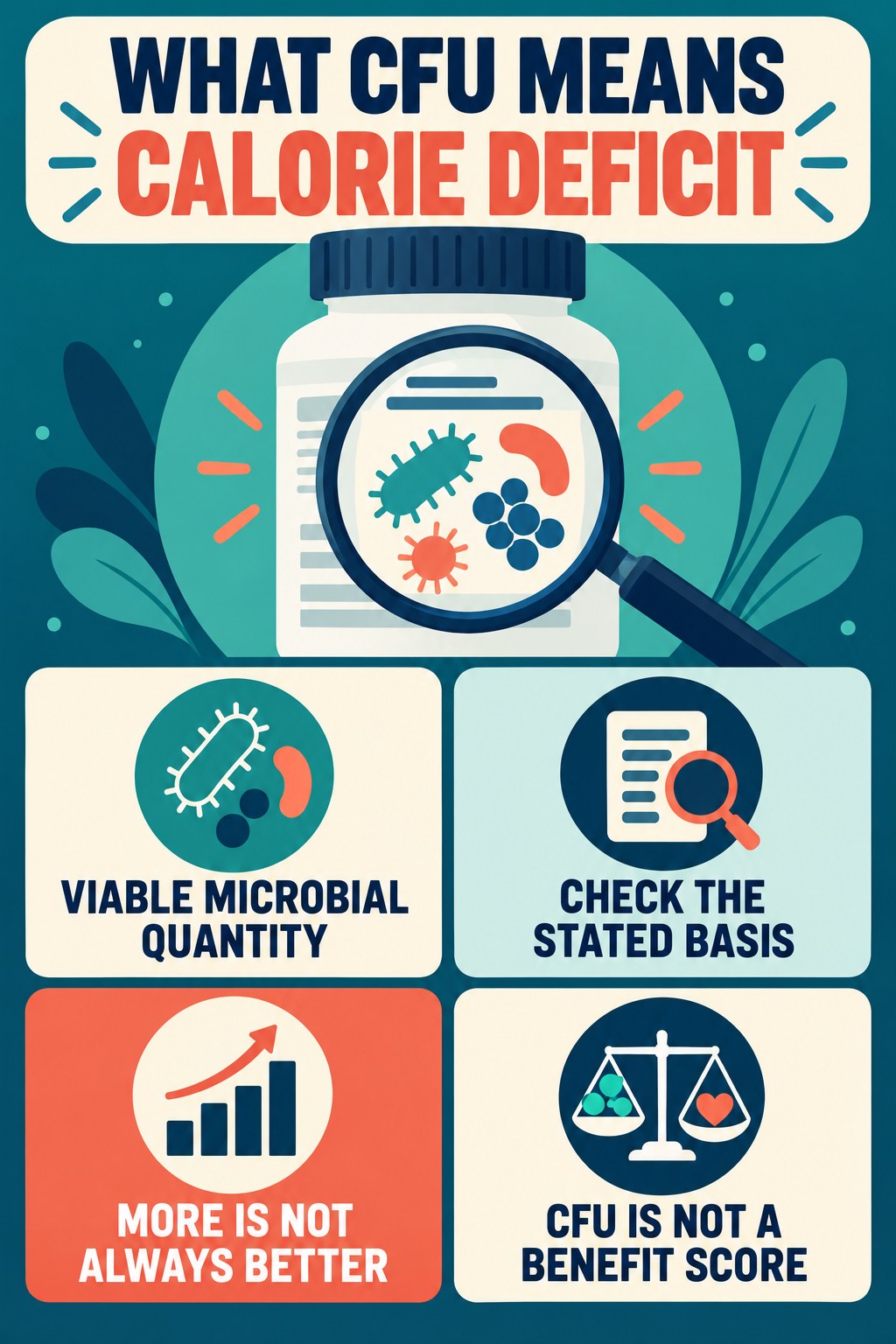 Read CFU as a Quantity, Not a Quality Score infographic for Calorie Deficit with four concise probiotic-label reading points.