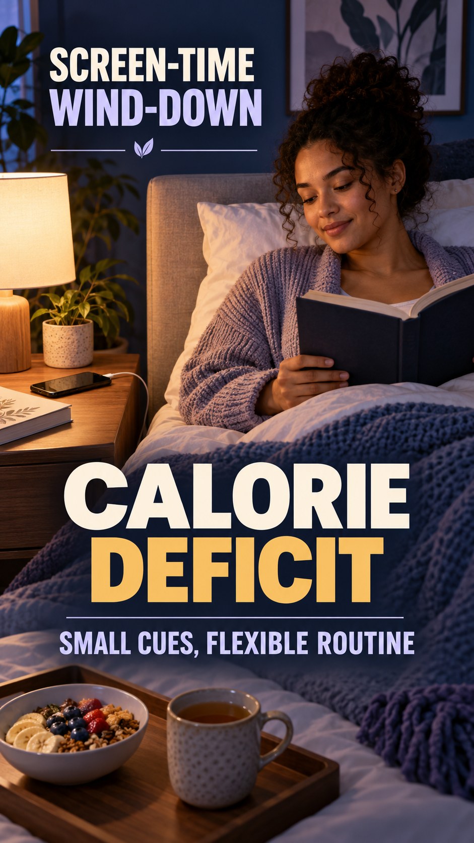 Screen-Time Wind-Down infographic for Calorie Deficit, showing a flexible and calming evening wellness routine.