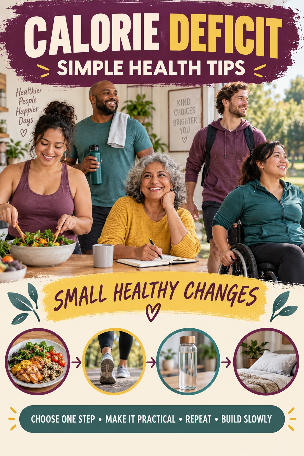 Calorie Deficit simple-health graphic titled Small Healthy Changes with four practical wellness prompts.