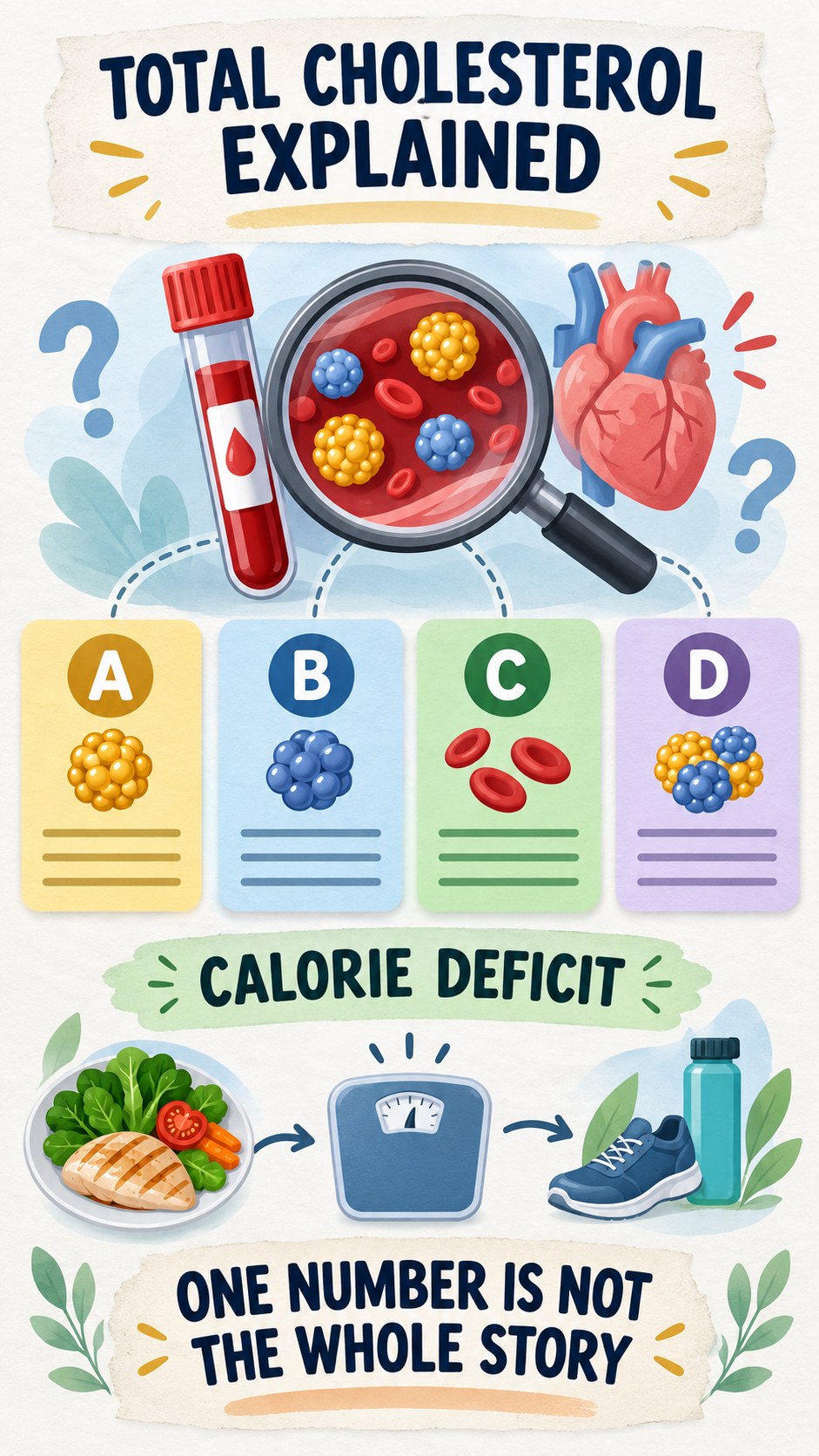Total Cholesterol Interpretation Guide infographic for Calorie Deficit, using a non-numerical educational lipid-panel layout with question and context icons.