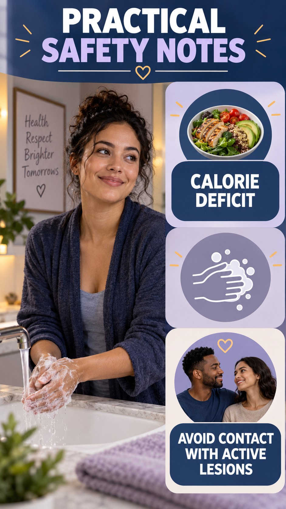 Transmission-Aware Self-Care infographic for Calorie Deficit, presenting respectful general HSV self-care comfort, hygiene, and safety education.