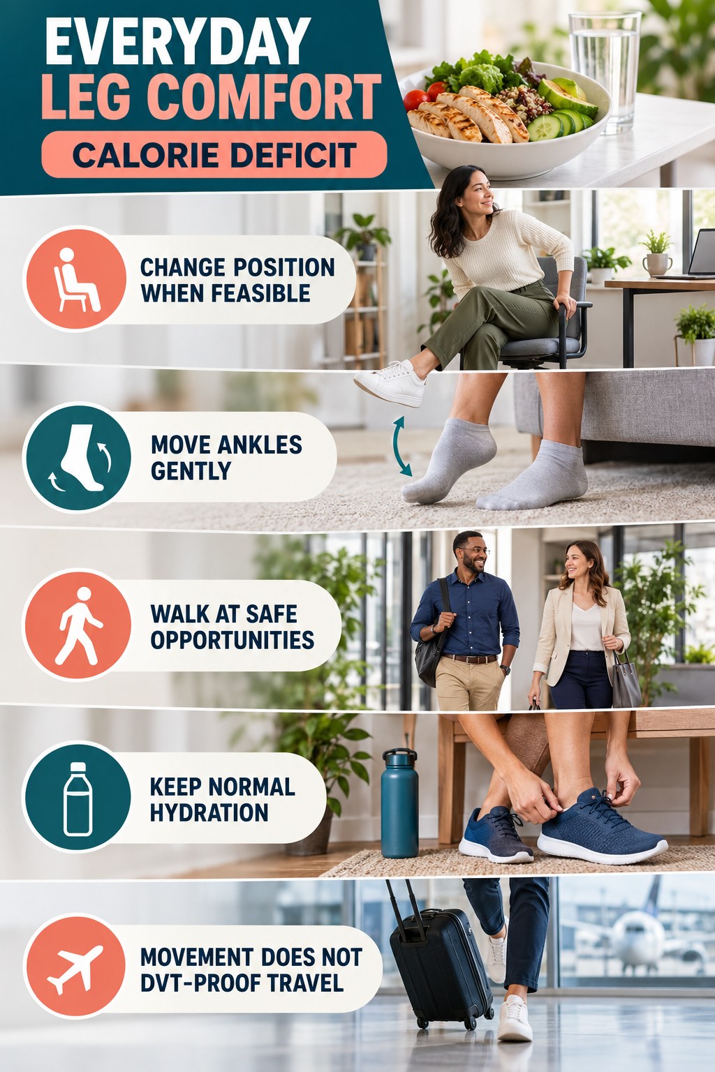Travel Leg Comfort infographic for Calorie Deficit with five gentle movement, position, footwear, recovery, or safety actions.