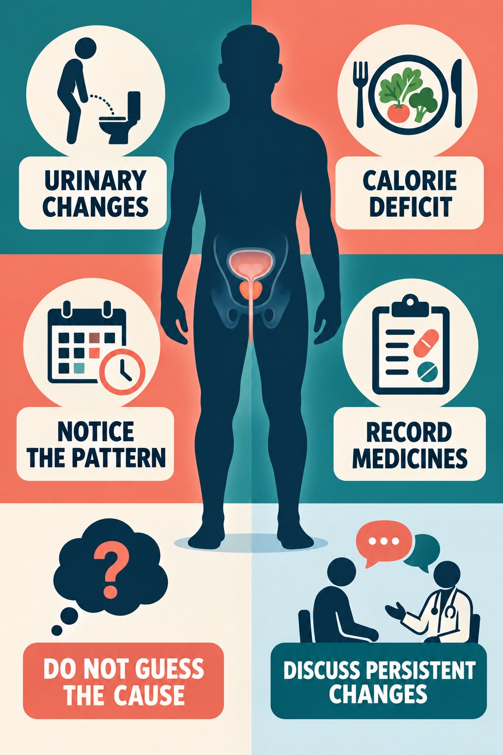Urinary Changes Start a Conversation, Not a Diagnosis infographic for Calorie Deficit with four concise prostate-health awareness points.