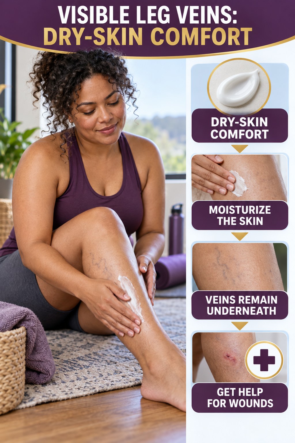 Dry-Skin Comfort infographic for Calorie Deficit, showing body-neutral visible-leg-vein appearance care and the boundary between temporary cosmetic support and treatment.