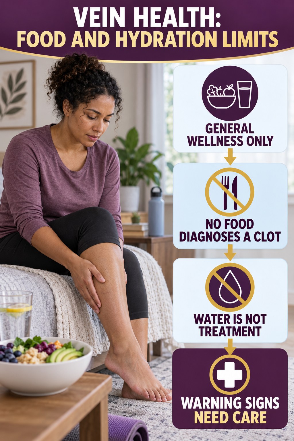 Food and Hydration Limits infographic for Calorie Deficit, explaining vein-health warning signs and the appropriate next action without diagnosing a condition.