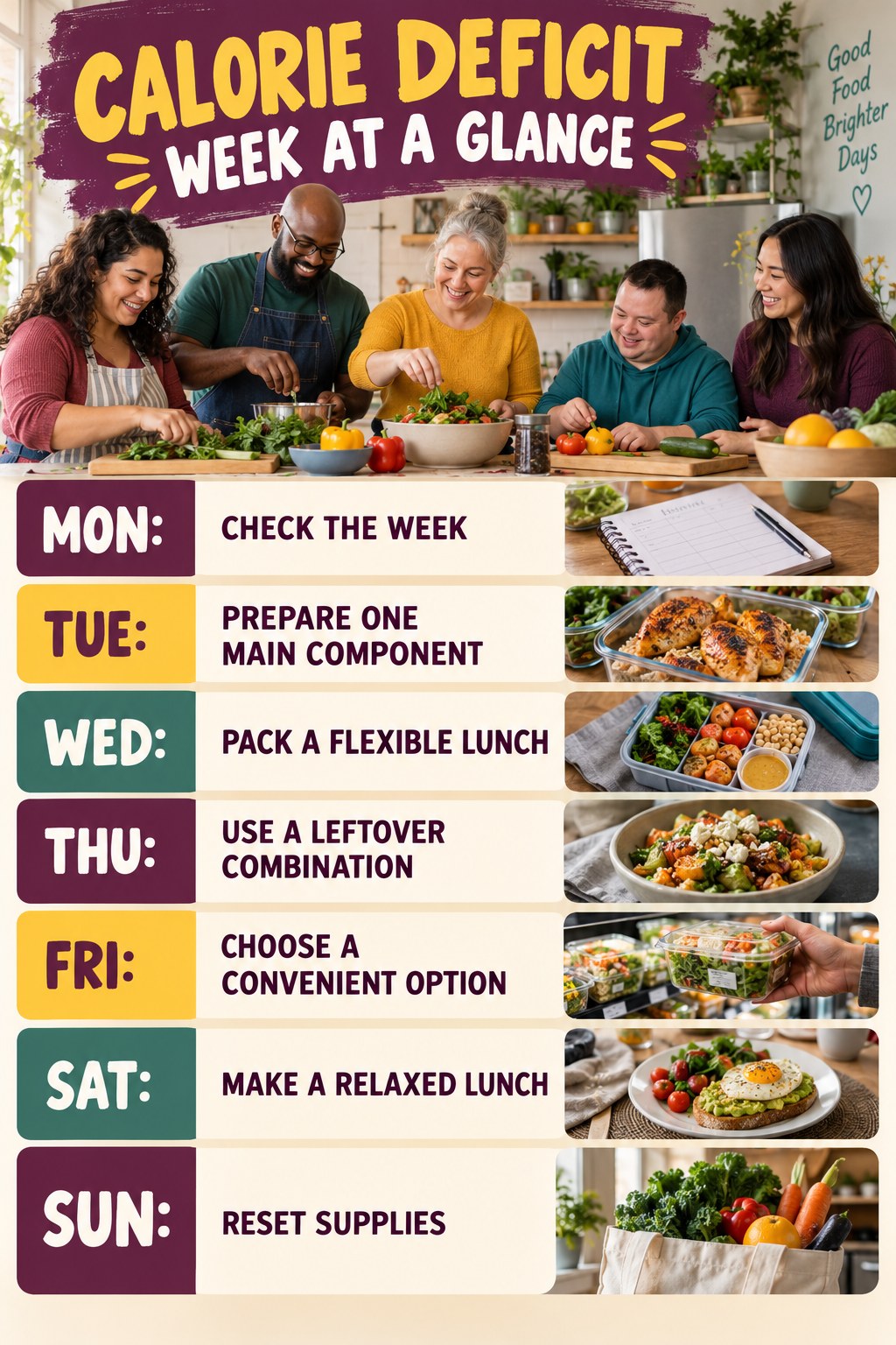 Weekly Calorie Deficit plan graphic with concise Monday-to-Sunday actions and flexible recovery guidance.