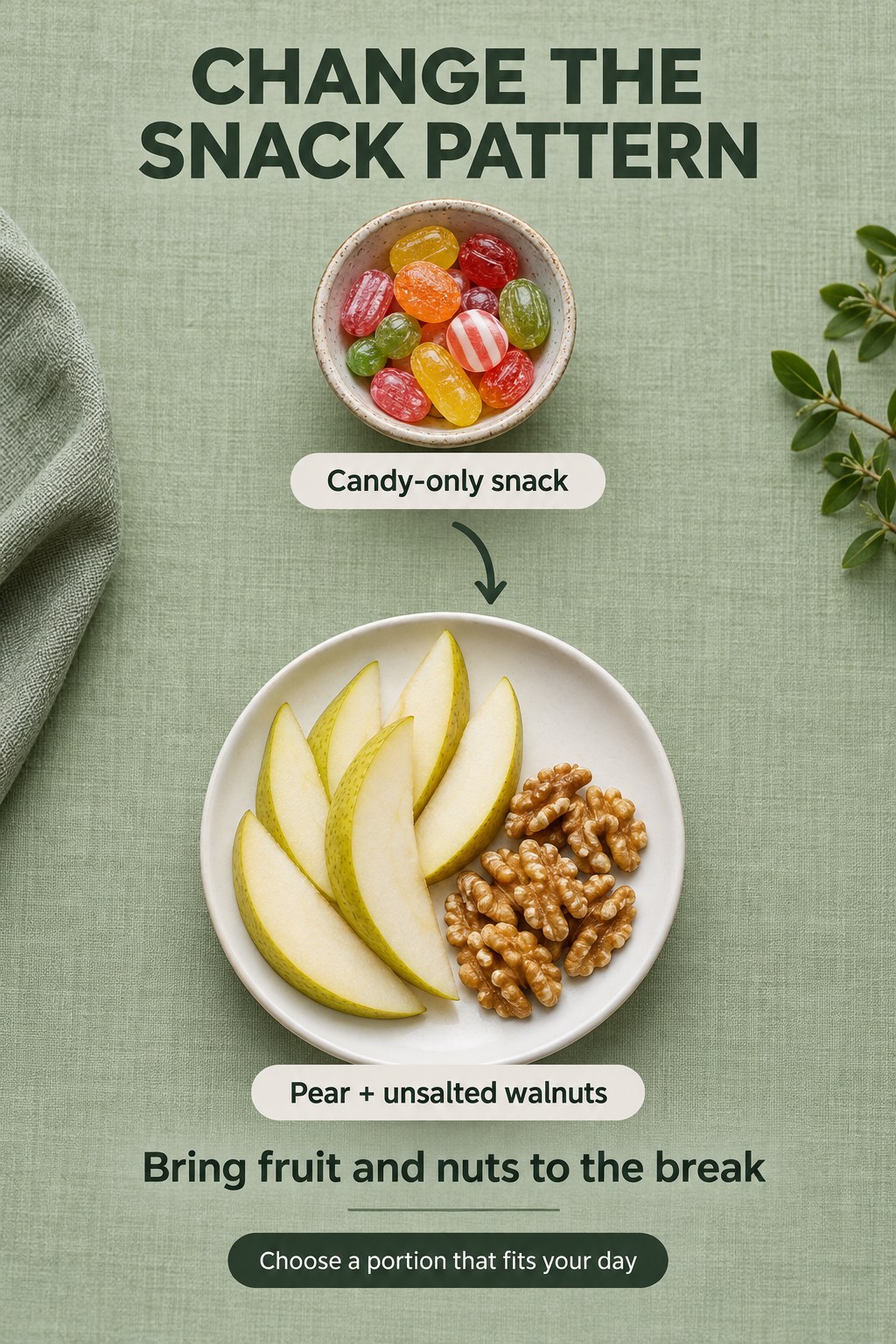 A bowl of hard candy compared with fresh pear slices and unsalted walnuts on a sage green background.
