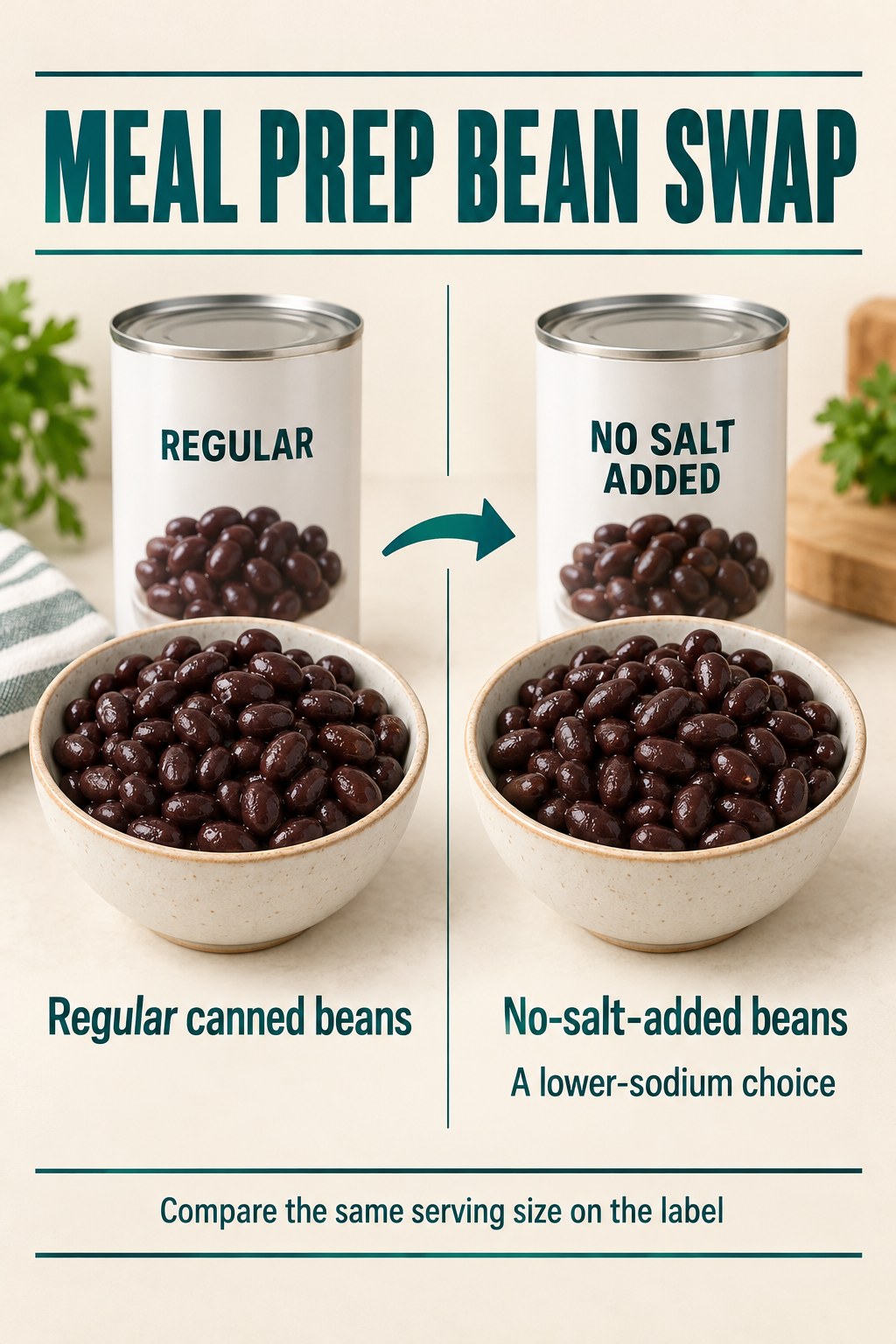 Regular canned black beans beside no-salt-added black beans with a lower-sodium comparison and label-reading reminder.