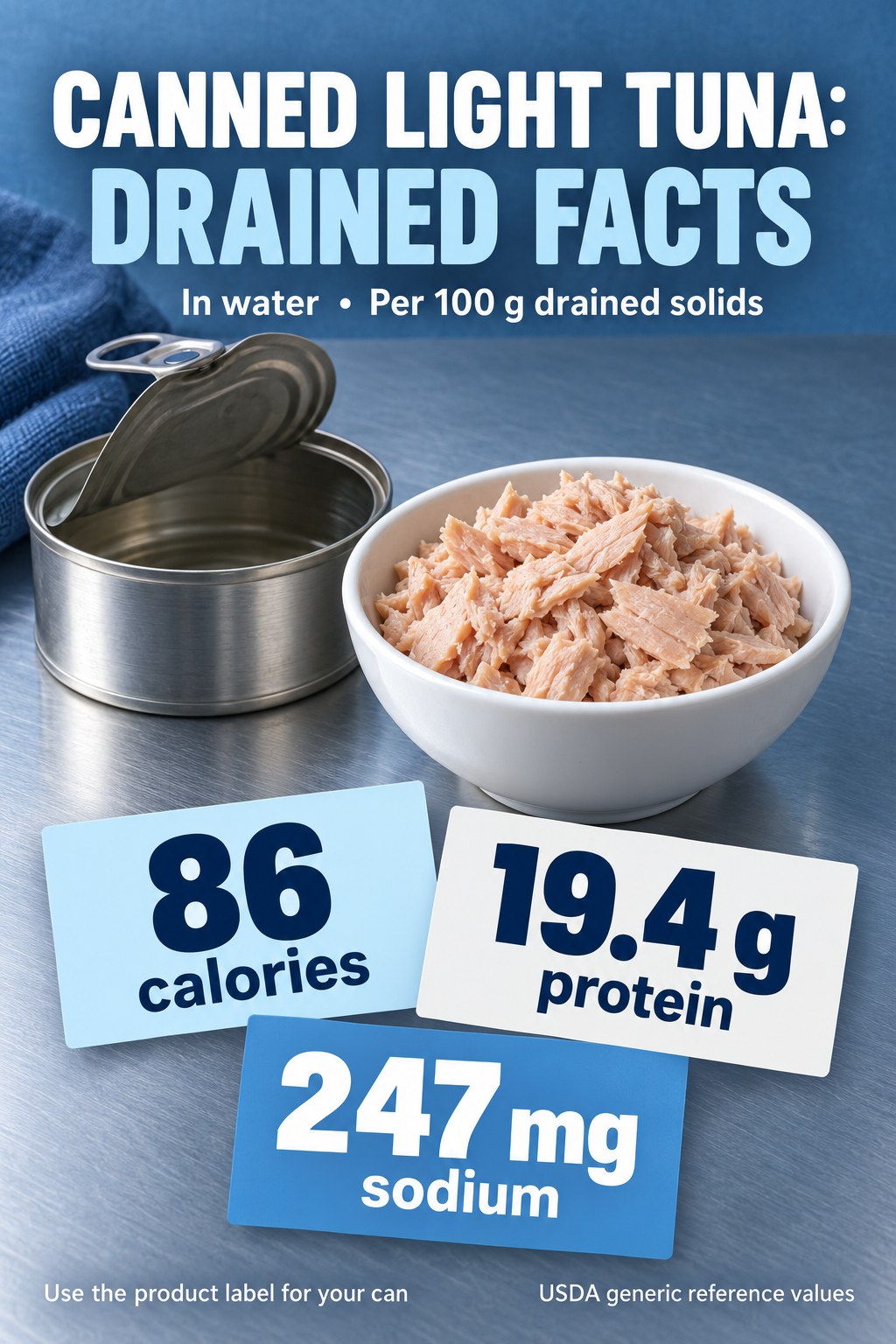 Canned light tuna fact card with 86 calories, 19.4 g protein, and 247 mg sodium per 100 g drained solids from tuna packed in water.