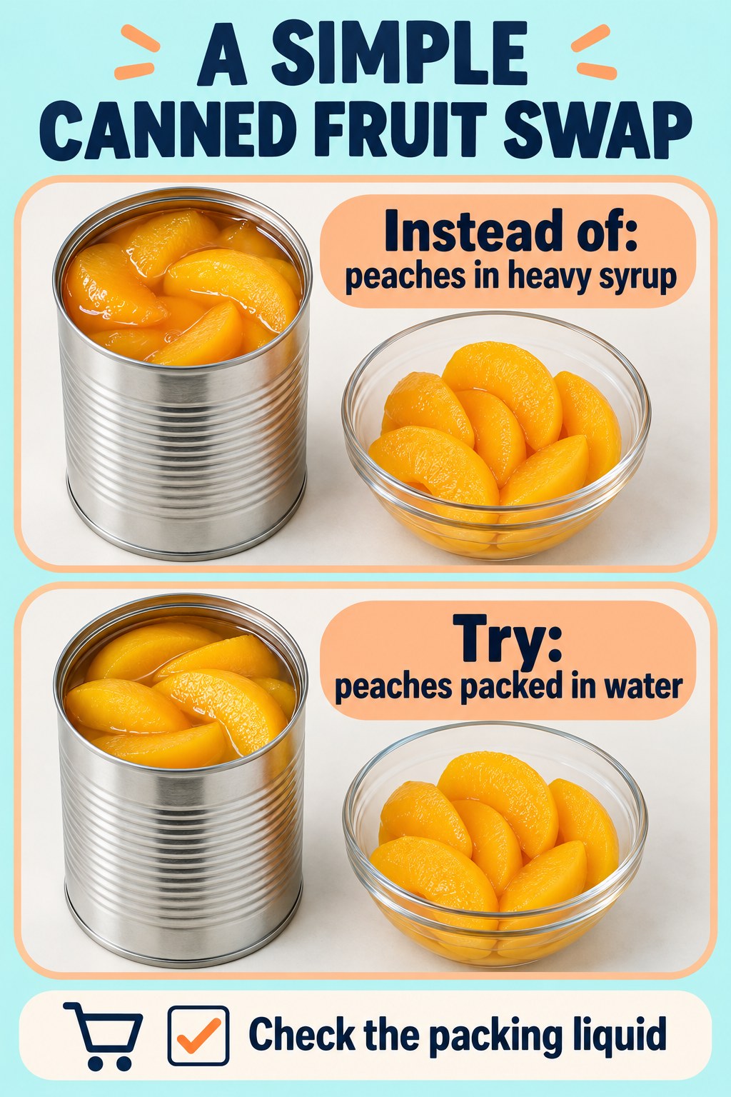 Aqua grocery graphic compares canned peaches in heavy syrup with peaches packed in water and says check the packing liquid.