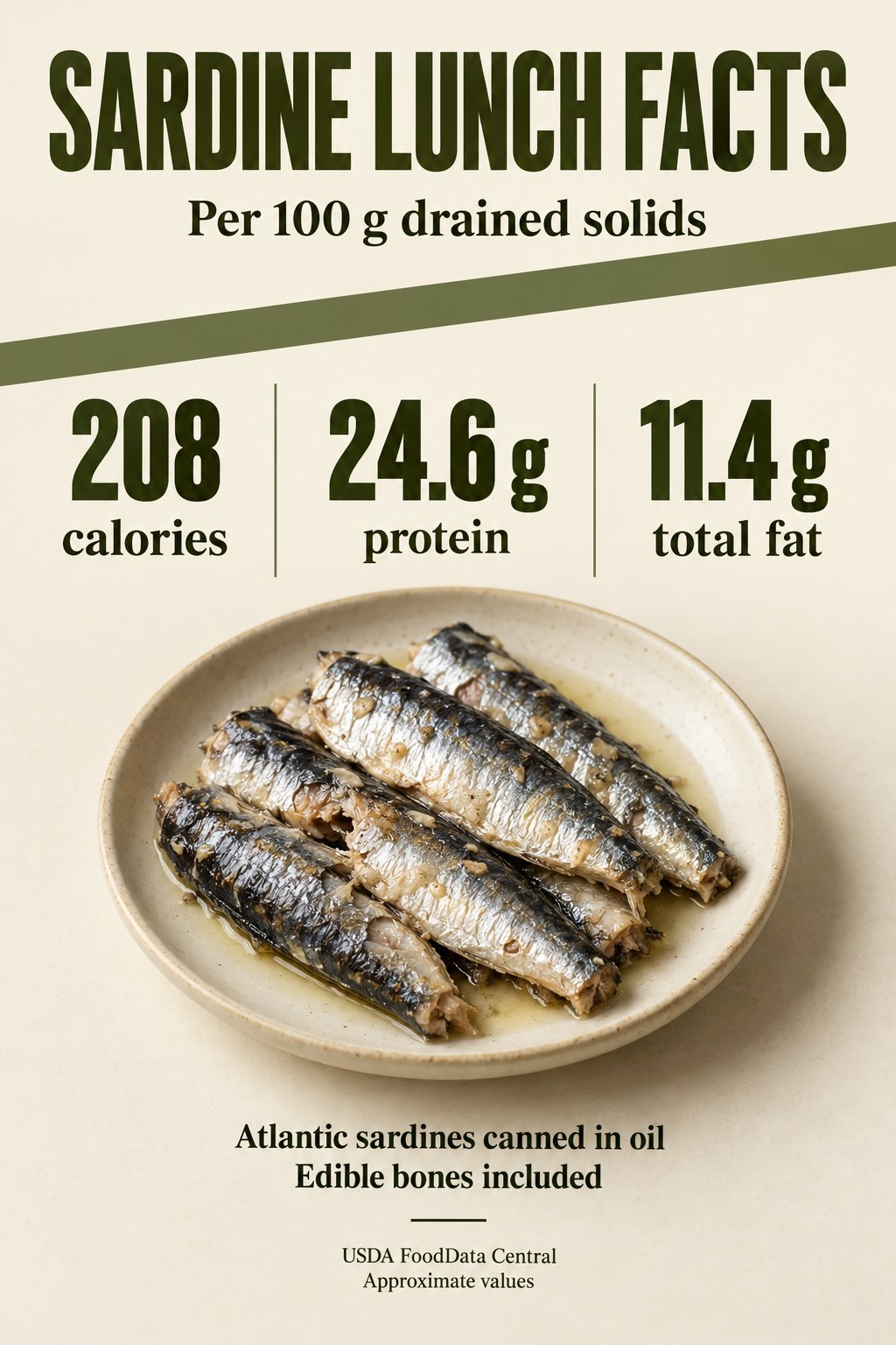 Sardine nutrition card with 208 calories, 24.6 grams protein and 11.4 grams total fat per 100 grams of drained oil-packed Atlantic sardines with edible bones.
