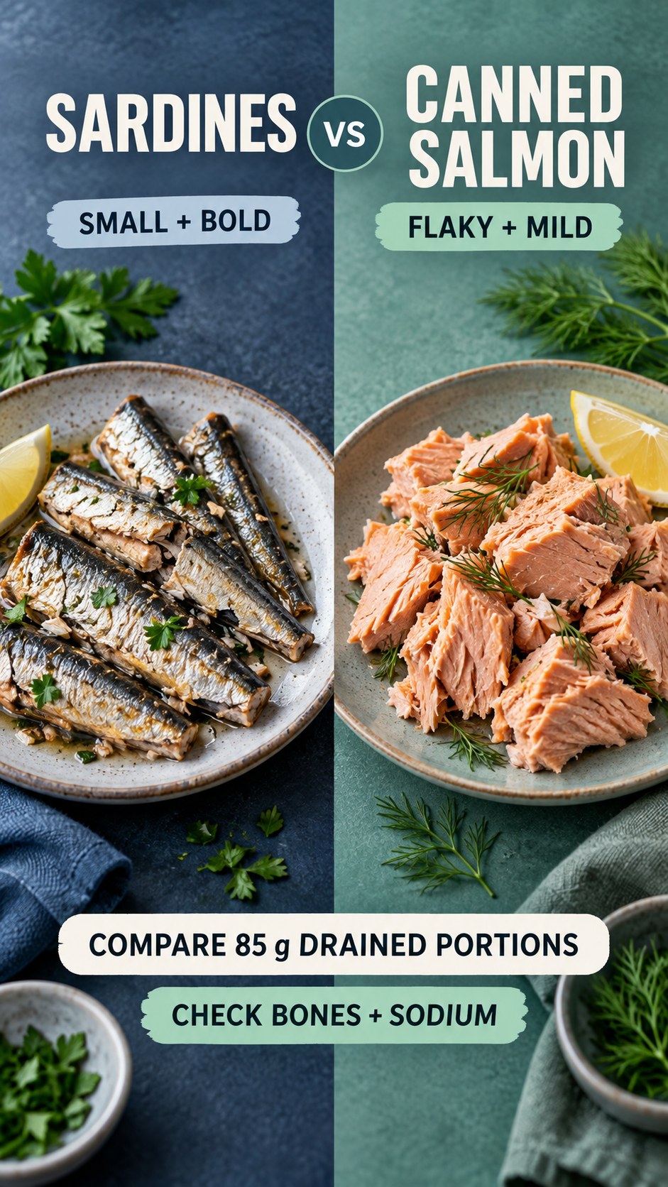 Water-packed sardines and canned salmon in equal drained portions, compared for bones, sodium, flavor, and meal use.