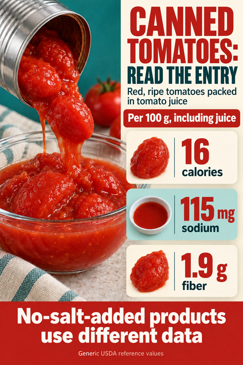 Canned red tomato nutrition card showing 16 calories, 115 mg sodium, and 1.9 g fiber per 100 g including tomato juice.
