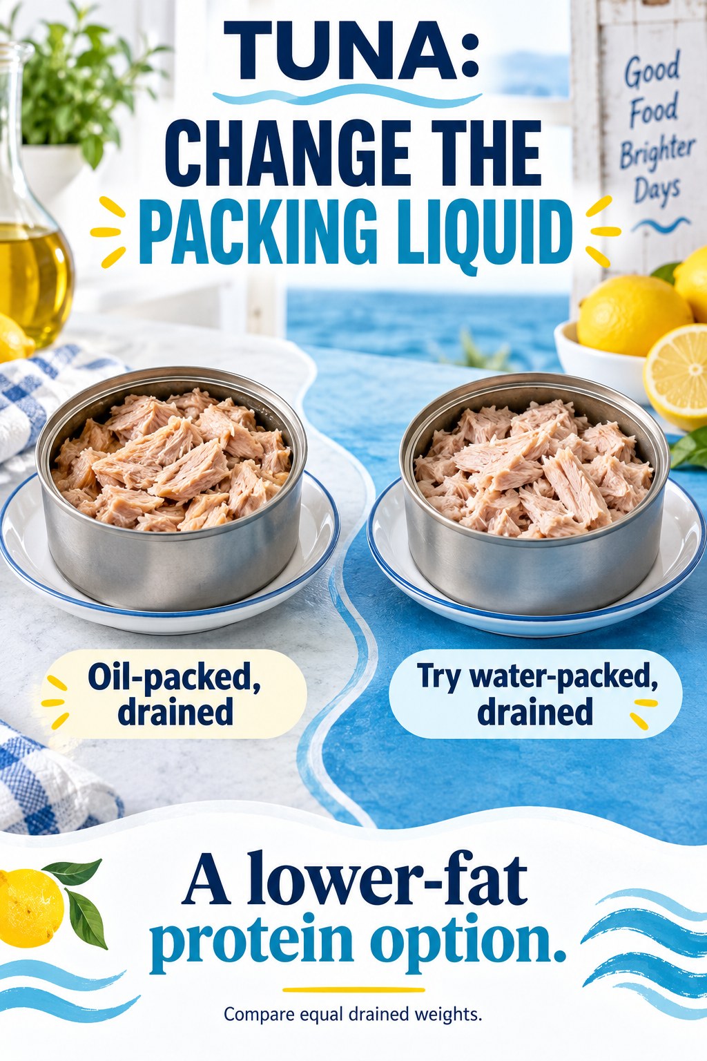 Blue coastal grocery graphic compares drained oil-packed and water-packed light tuna as a lower-fat protein option.