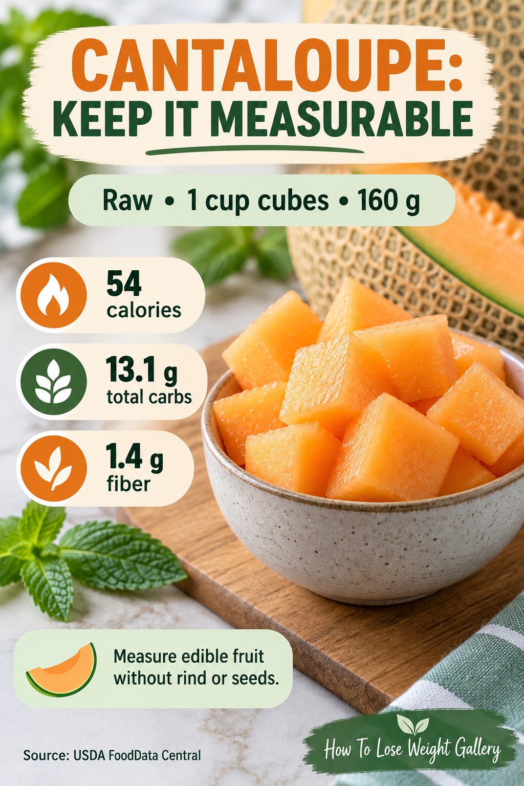 Cantaloupe nutrition card with 54 calories, 13.1 grams total carbs, and 1.4 grams fiber per 160-gram cup of raw cubes.