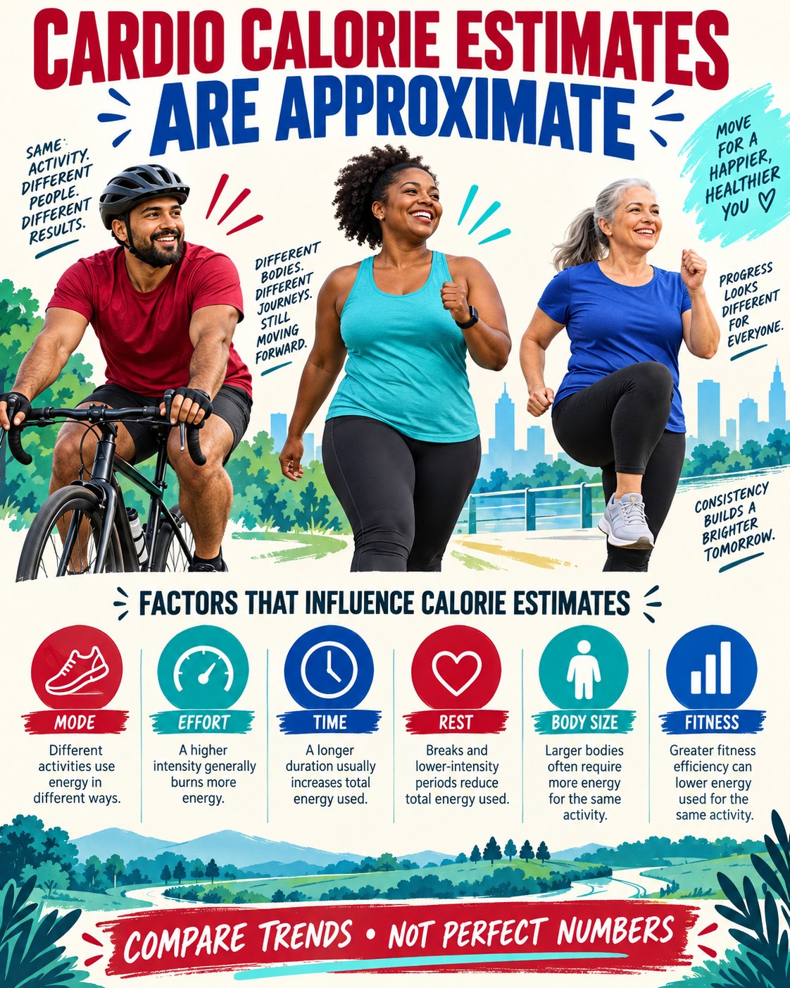 Cardio infographic showing mode, effort, time, rest, body size and fitness as calorie-estimate factors