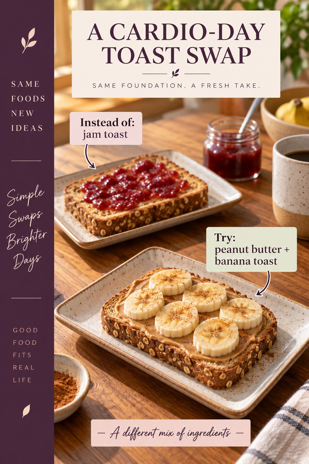 Jam toast and peanut butter banana toast on a breakfast table with labels explaining the cardio-day topping swap.