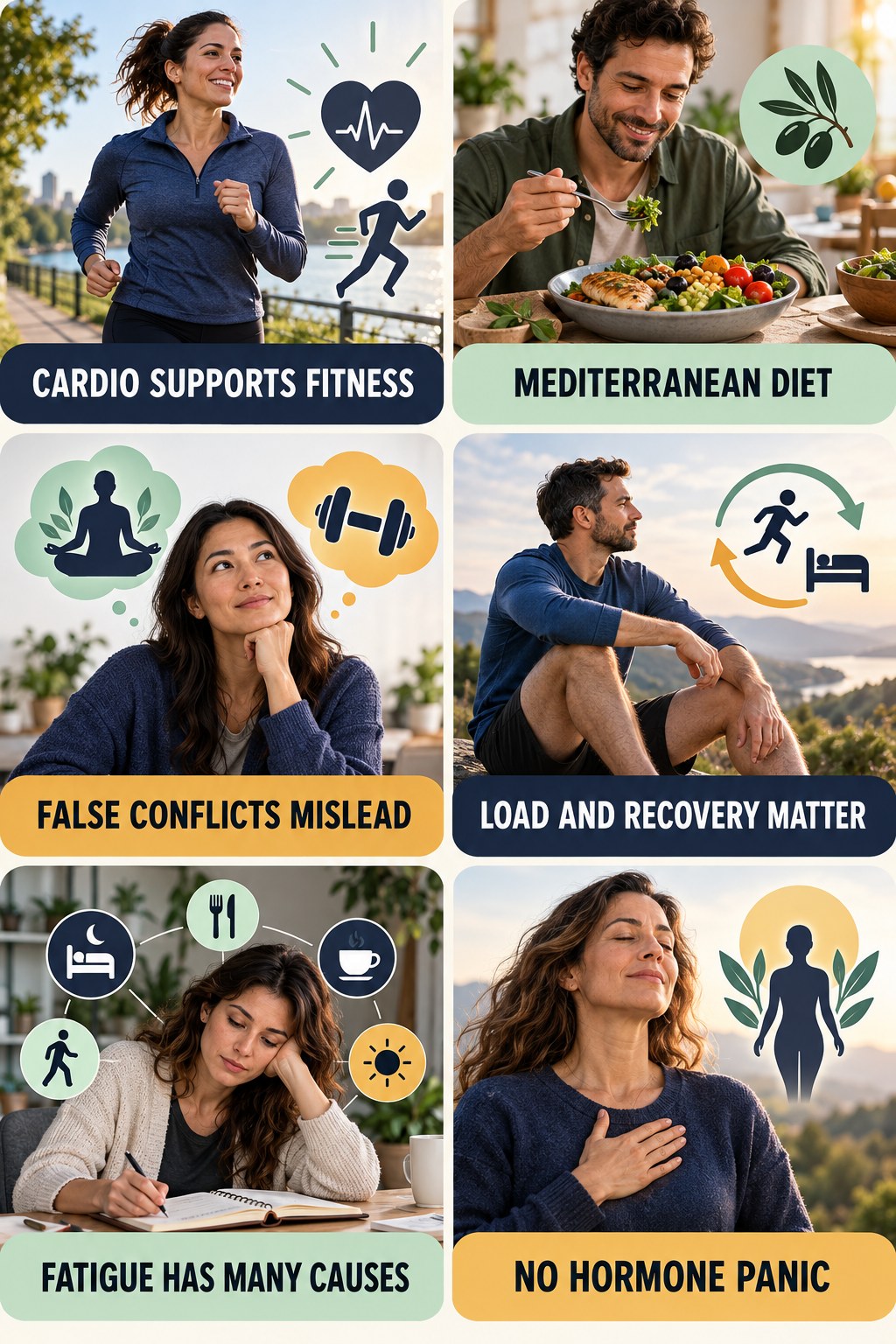Cardio Does Not Destroy Testosterone natural-energy and hormone-health-literacy infographic for Mediterranean Diet with four practical checks.