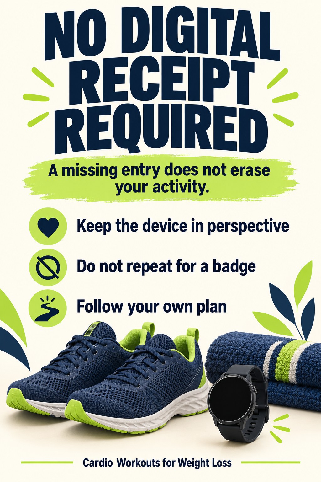 Blank fitness watch beside walking shoes and a towel in a poster saying no digital receipt is required