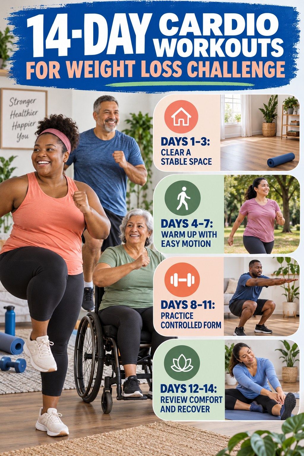14-day Cardio Workouts for Weight Loss challenge graphic showing four manageable milestones for consistent practice.