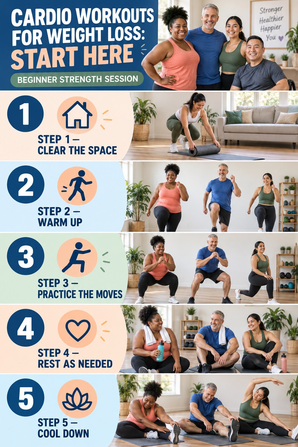 Cardio Workouts for Weight Loss beginner guide graphic showing five manageable stages for beginner strength session.