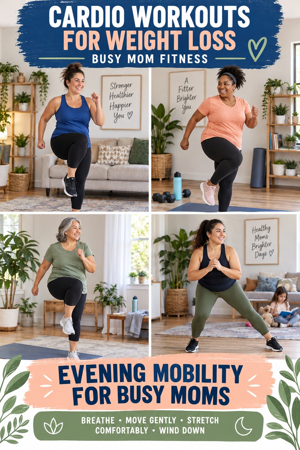 Cardio Workouts for Weight Loss busy-mom fitness graphic titled Evening Mobility for Busy Moms with four practical movement prompts.