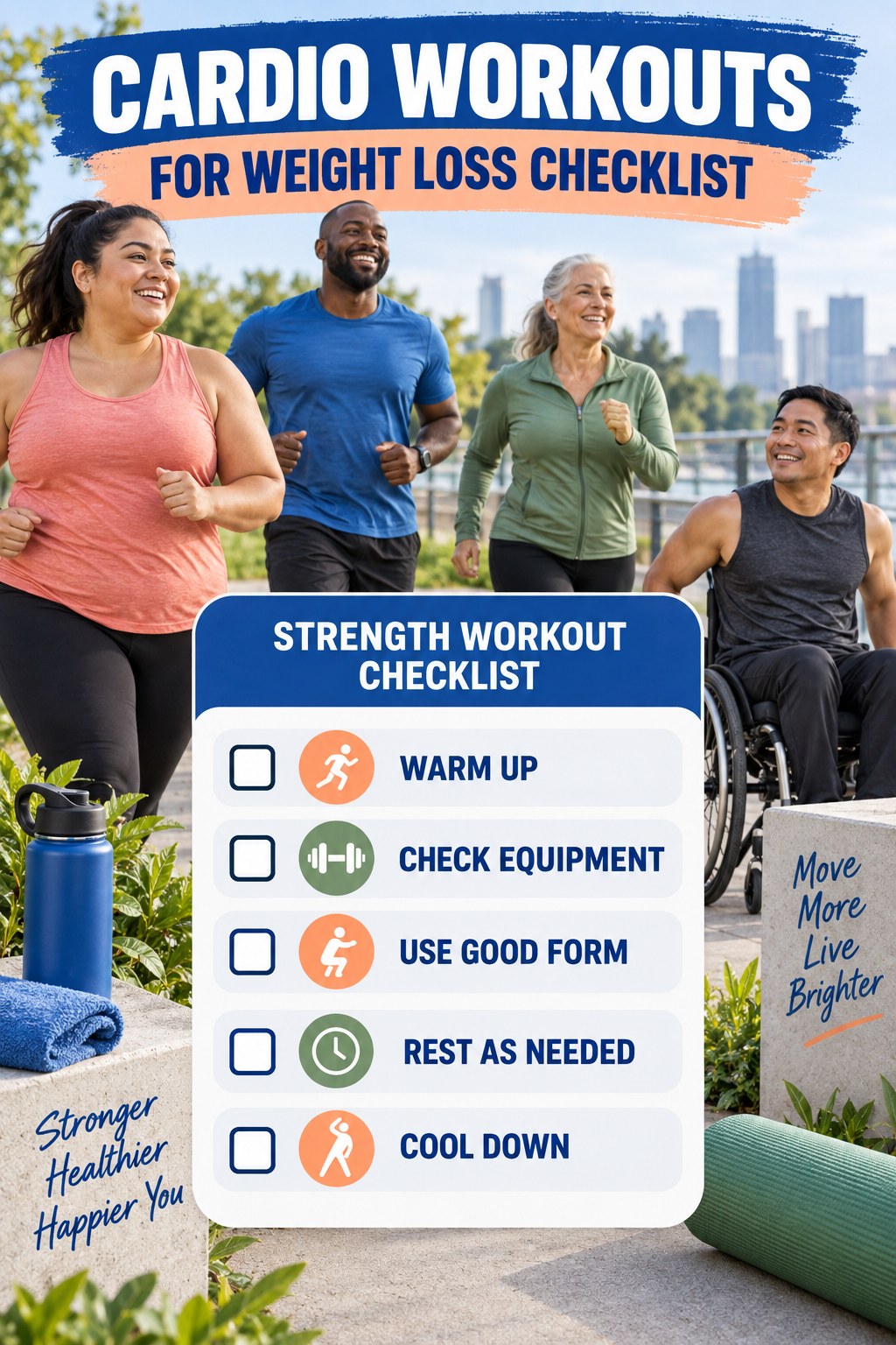 Cardio Workouts for Weight Loss checklist graphic titled Strength Workout Checklist with five clear practical wellness items.