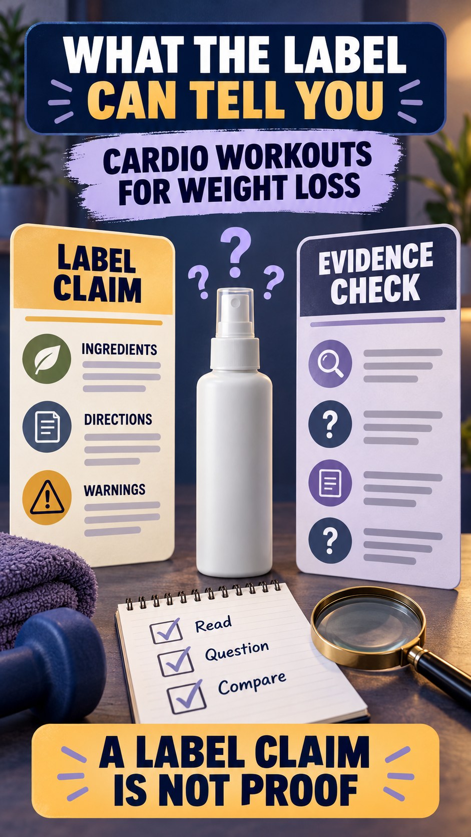 Claim Versus Evidence Review infographic for Cardio Workouts for Weight Loss, showing a generic spray-label checklist that separates available facts, missing details, and evidence questions.