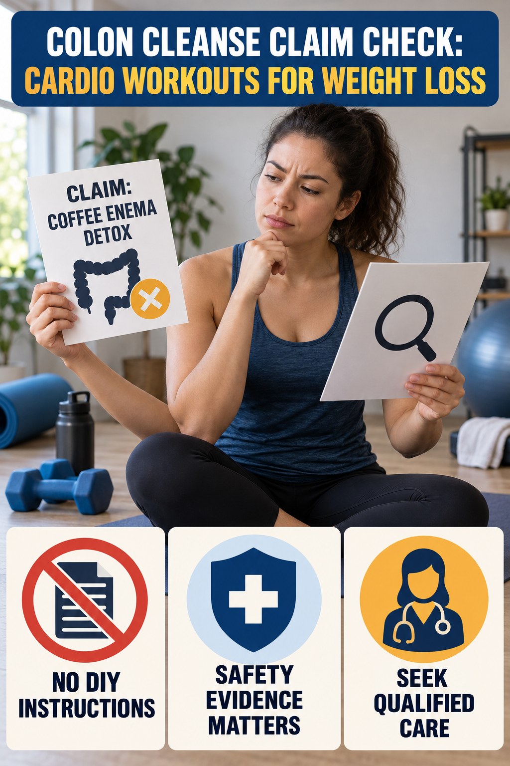 Coffee Enema Claims infographic for Cardio Workouts for Weight Loss, separating a colon-cleanse marketing claim from evidence, reasonable conclusions, and safety context.