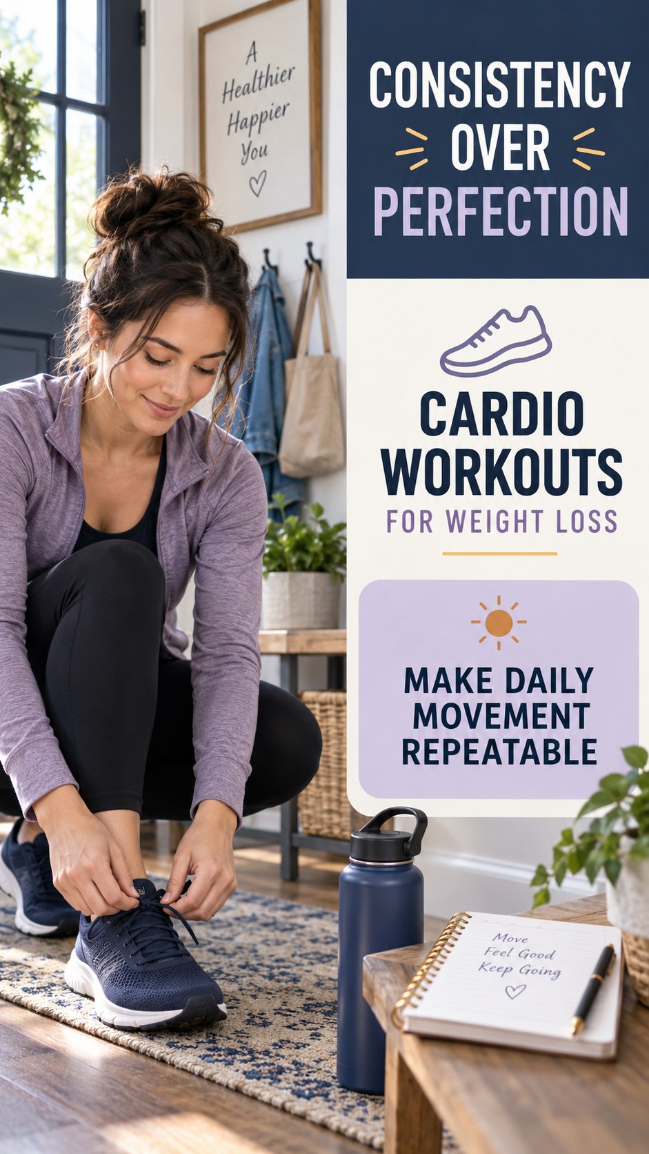 Daily Movement Rhythm infographic for Cardio Workouts for Weight Loss, showing practical metabolism-support habits for an active lifestyle.