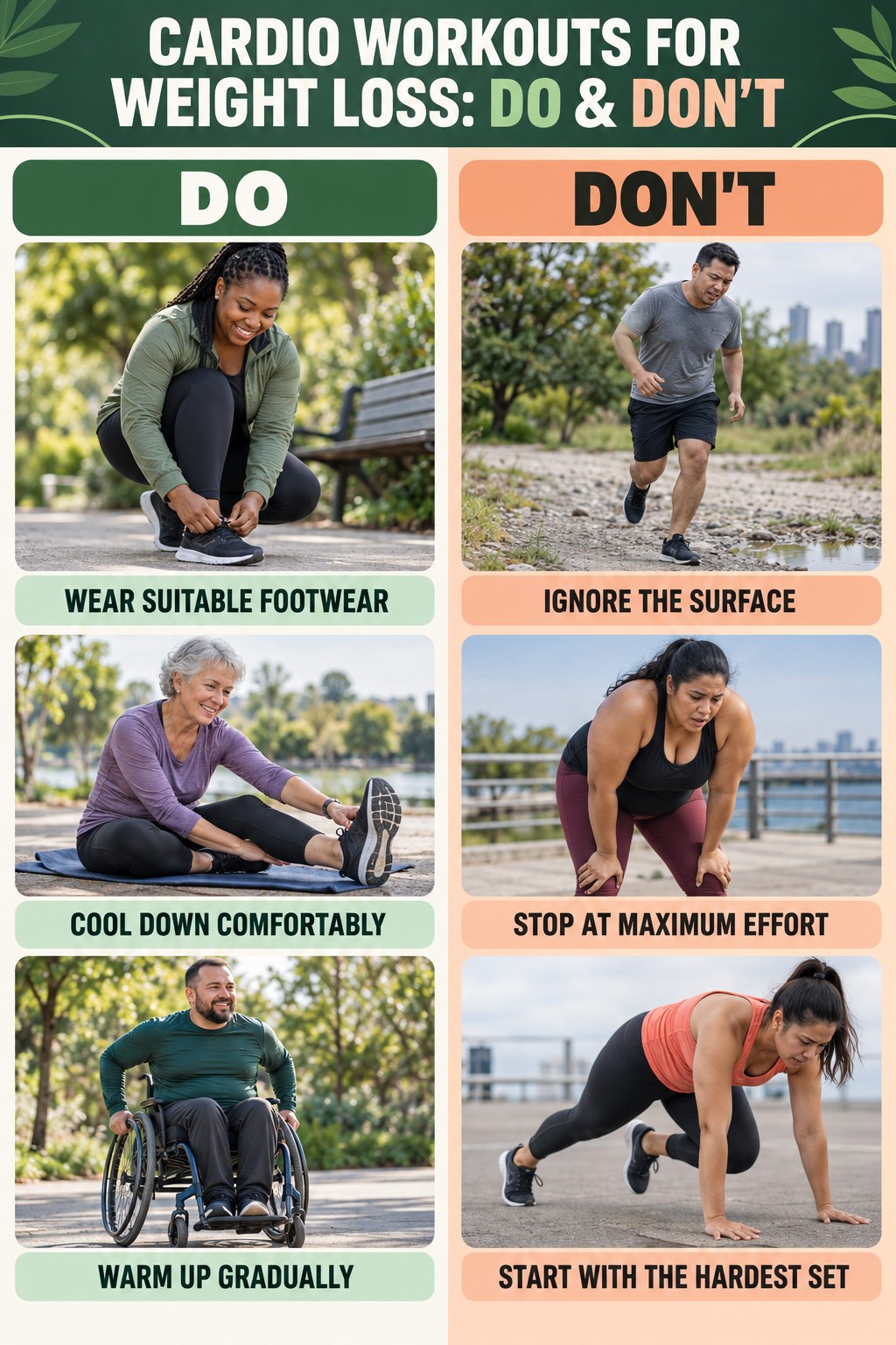 Cardio Workouts for Weight Loss Do and Don’t comparison graphic showing three practical behavior pairs for mobility practice.
