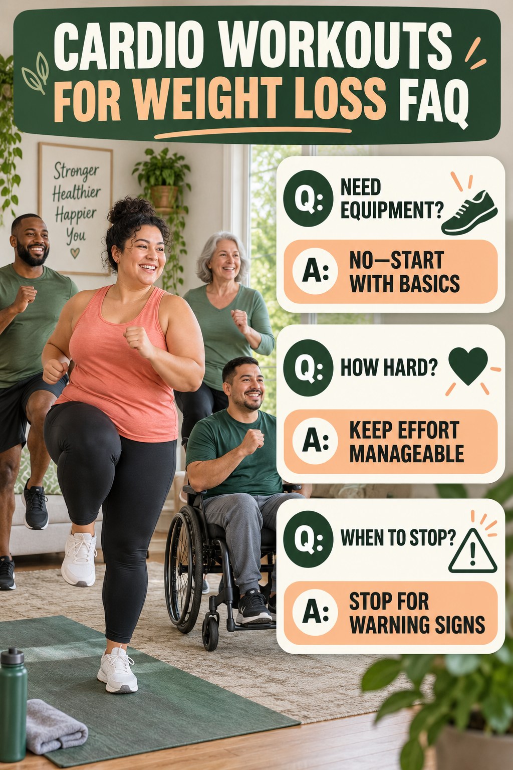 Cardio Workouts for Weight Loss FAQ graphic with three concise questions and practical answers for beginners.