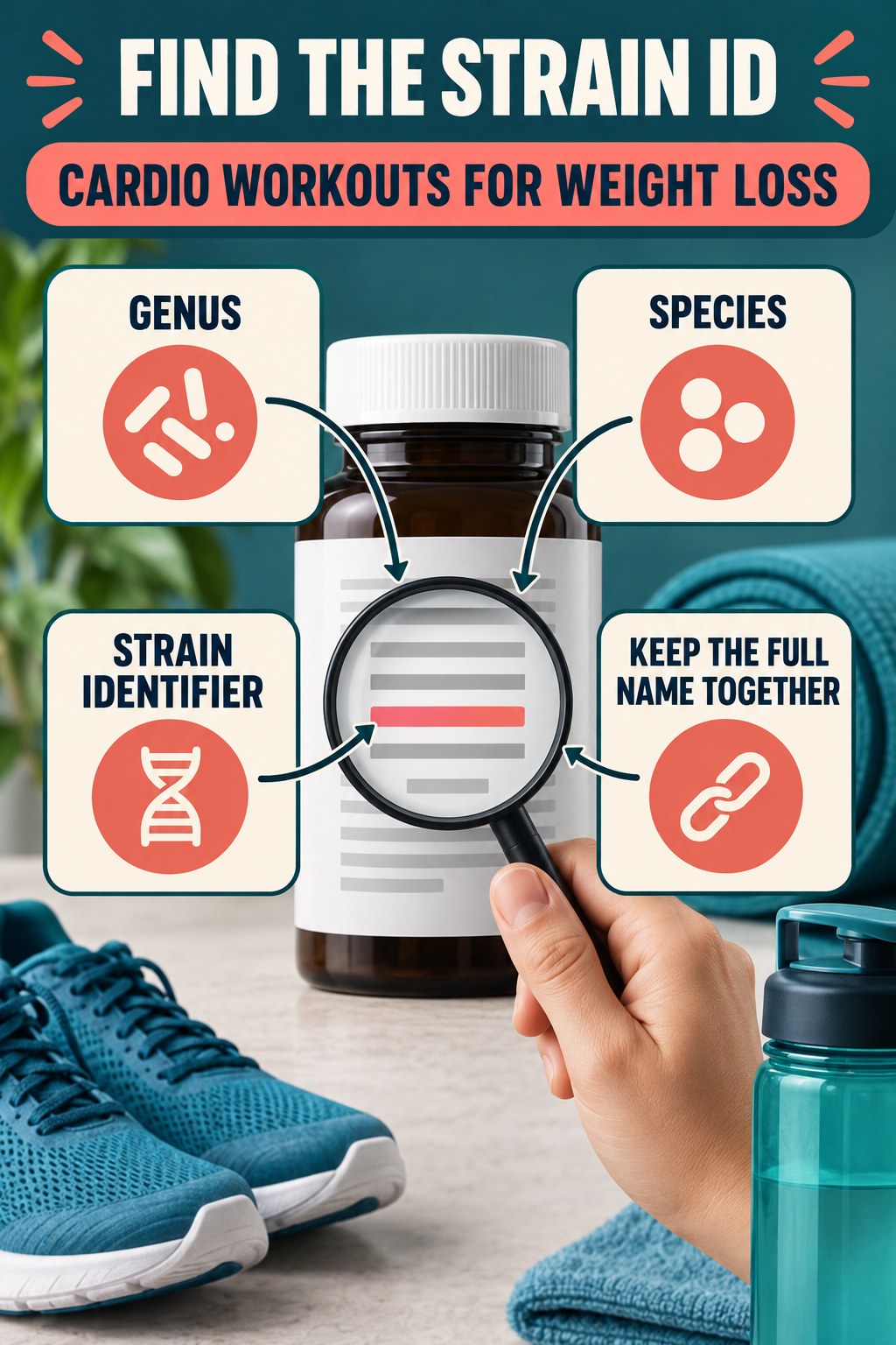 Find the Strain Identifier on a Probiotic Label infographic for Cardio Workouts for Weight Loss with four concise probiotic-label reading points.