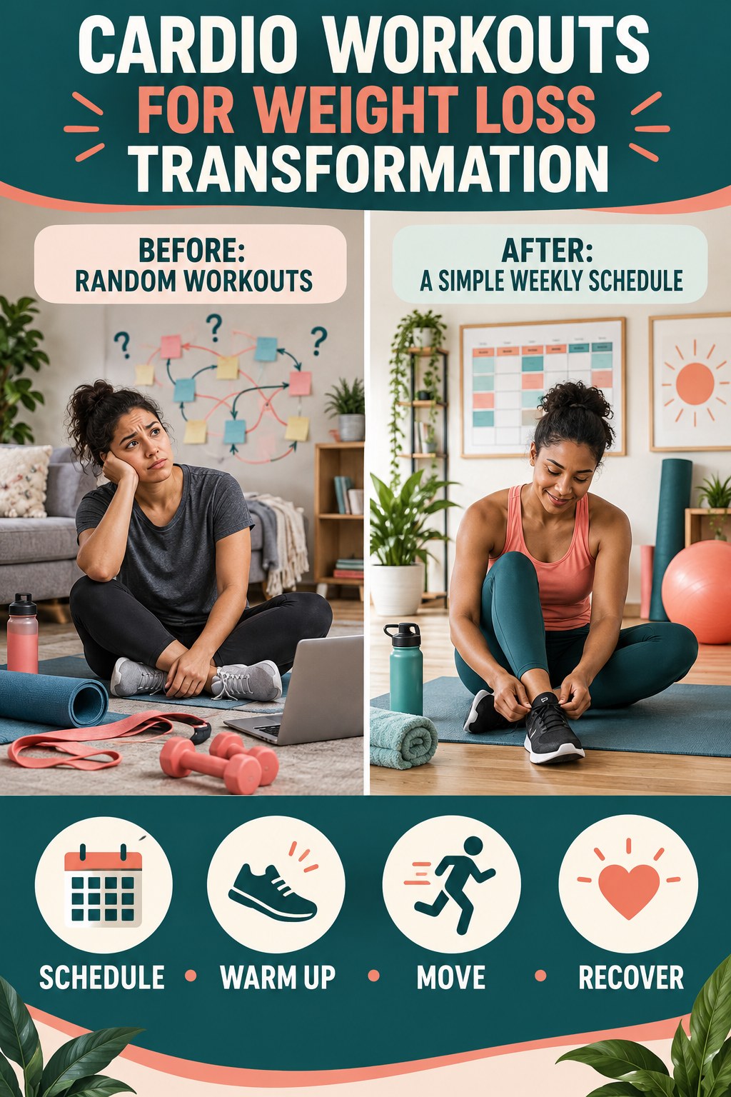 Cardio Workouts for Weight Loss habit transformation graphic comparing random workouts with a simple weekly schedule using four practical steps.