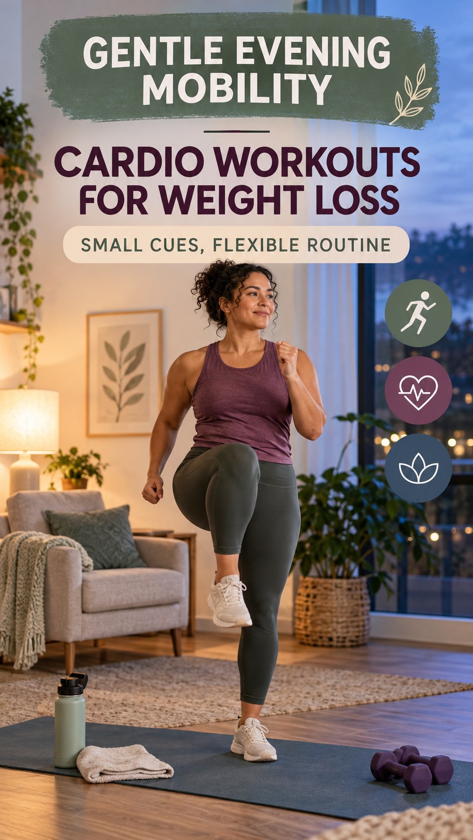 Gentle Evening Mobility infographic for Cardio Workouts for Weight Loss, showing a flexible and calming evening wellness routine.