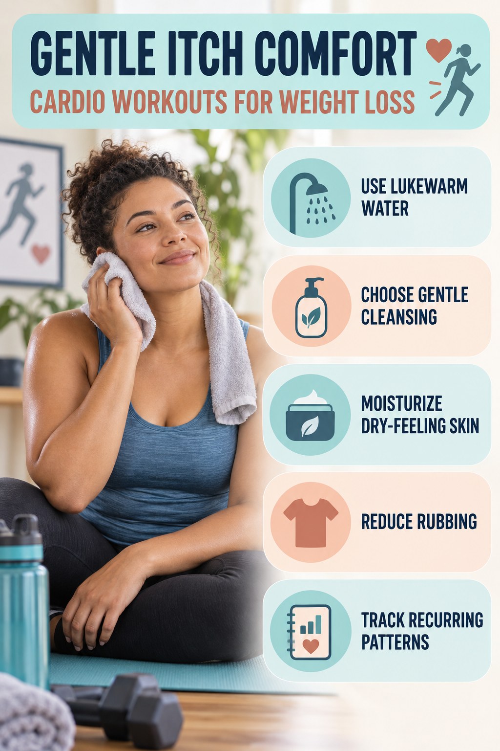 Gentle Everyday Comfort Routine infographic for Cardio Workouts for Weight Loss with five gentle itchy-skin comfort strategies and a non-diagnostic safety focus.
