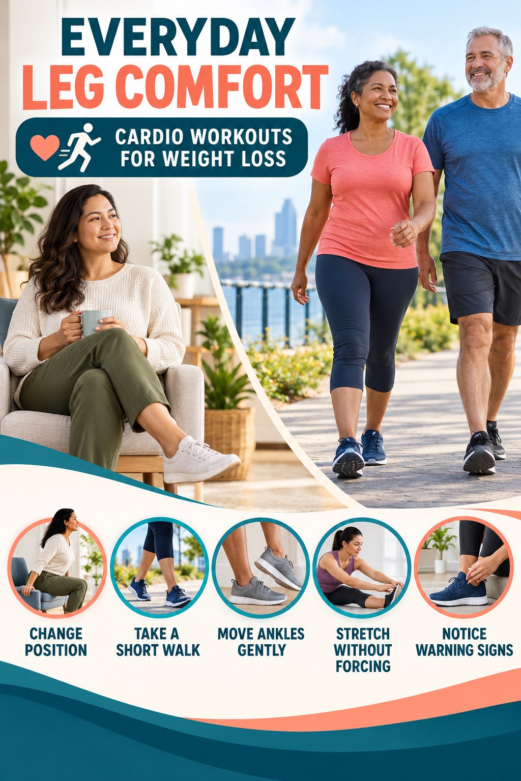 Gentle Everyday Leg Comfort infographic for Cardio Workouts for Weight Loss with five gentle movement, position, footwear, recovery, or safety actions.