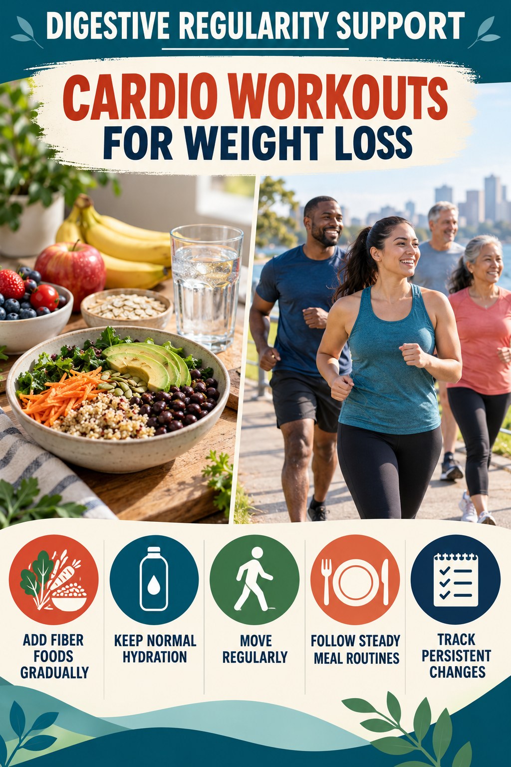 Gentle Everyday Regularity Habits infographic for Cardio Workouts for Weight Loss with five practical food, hydration, movement, or routine actions and no cleanse claims.