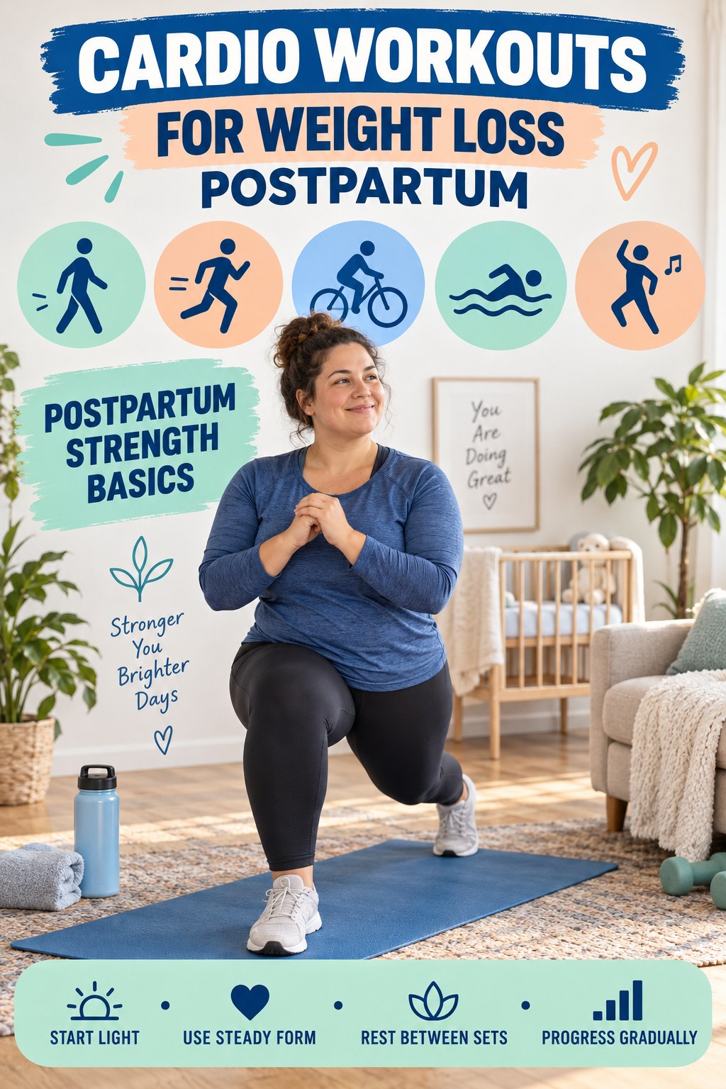 Cardio Workouts for Weight Loss postpartum graphic titled Postpartum Strength Basics with four gradual recovery-aware prompts.