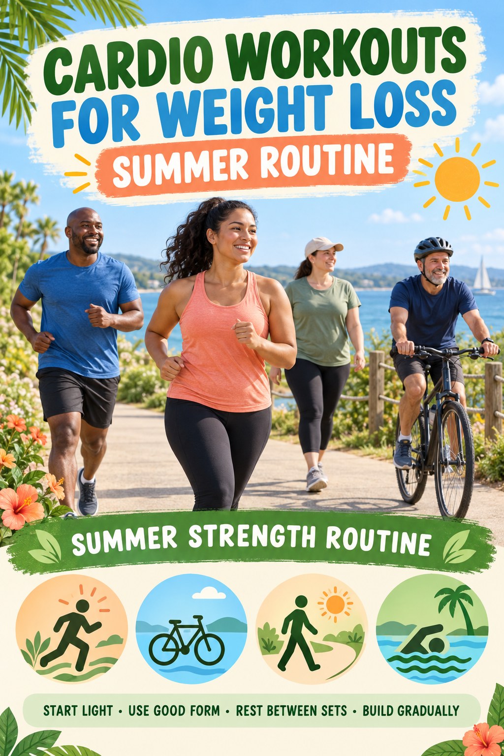 Cardio Workouts for Weight Loss summer routine graphic titled Summer Strength Routine with four practical wellness prompts.