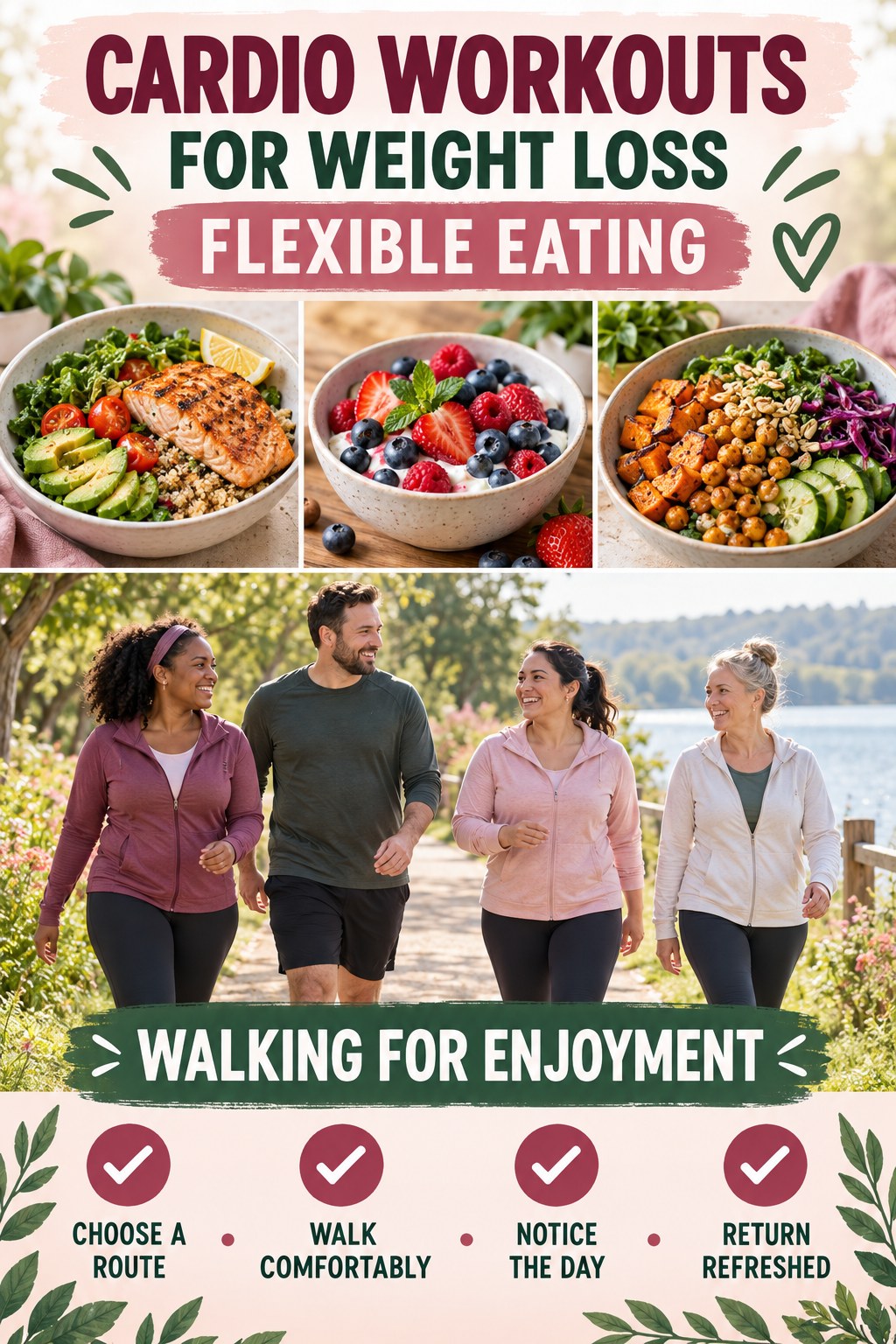 Cardio Workouts for Weight Loss flexible eating graphic titled Walking for Enjoyment with four practical balance prompts.