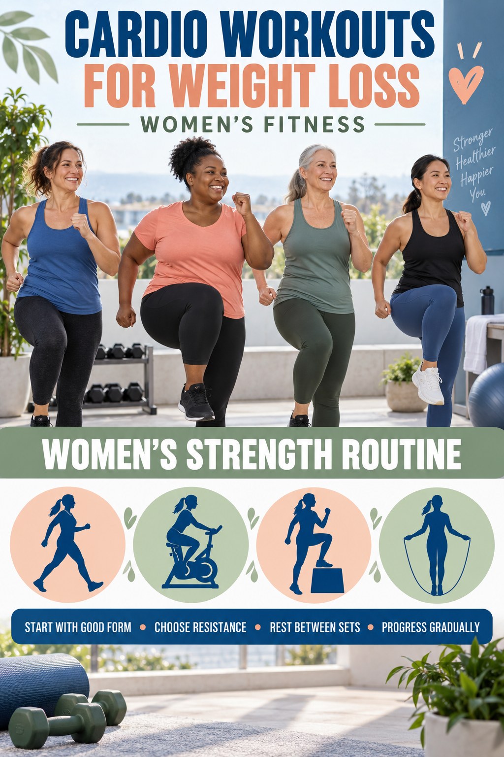 Cardio Workouts for Weight Loss women’s fitness graphic titled Women’s Strength Routine with four practical training prompts.