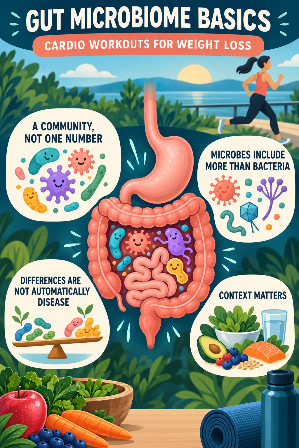 Gut Microbiome Basics Without a Perfect Score educational infographic for Cardio Workouts for Weight Loss with four evidence-aware points.