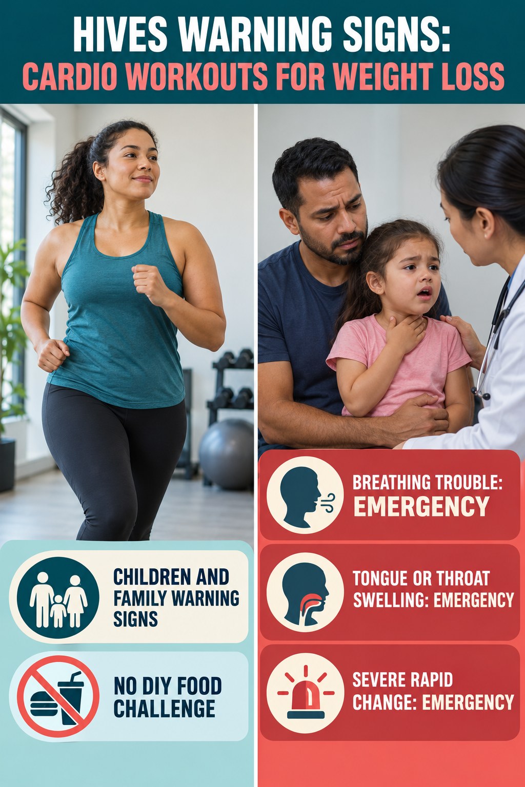 Children and Family Warning Signs infographic for Cardio Workouts for Weight Loss, highlighting urgent breathing, throat, swelling, fainting, and rapid-progression warning signs without diagnosing hives.